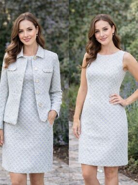 Brooks Brothers 2 Piece Dress Suit Set Blue Polka Dot Sheath Dress & Jacket